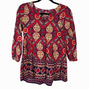 Red Camel Boho Scoop Neck Peasant Top XS Lightweight Colorful Soft Rayon Summer